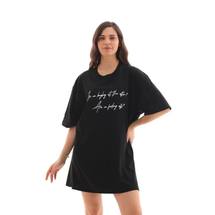 MARSiLYAN- Unisex Bisiklet Yaka Baskılı Oversize T-Shirt - Siyah