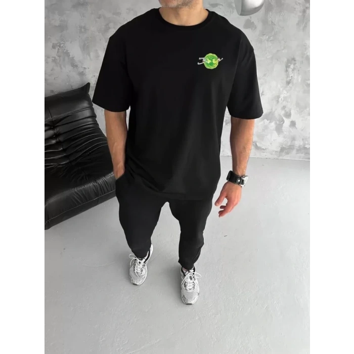 MARSiLYAN- Unisex Bisiklet Yaka Baskılı Oversize T-Shirt - Siyah