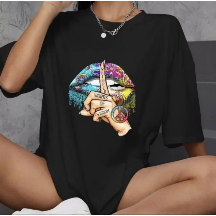 MARSiLYAN- Unisex Bisiklet Yaka Baskılı Oversize T-Shirt - Siyah