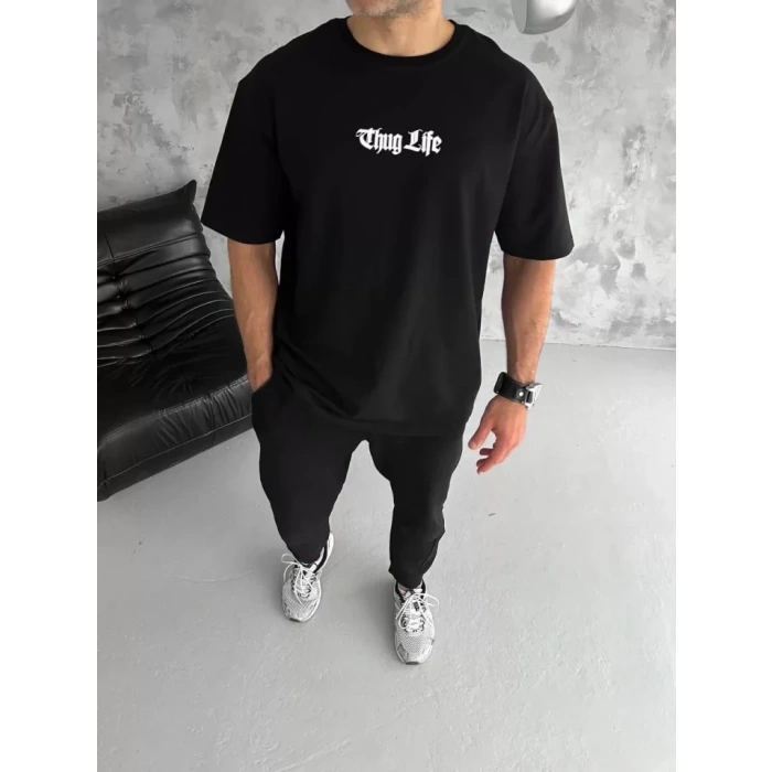 MARSiLYAN- Unisex Bisiklet Yaka Baskılı Oversize T-Shirt - Siyah