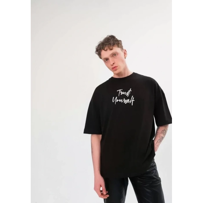 MARSiLYAN- Unisex Bisiklet Yaka Baskılı Oversize T-Shirt - Siyah