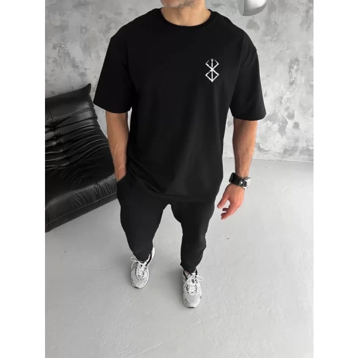 MARSiLYAN- Unisex Bisiklet Yaka Baskılı Oversize T-Shirt - Siyah
