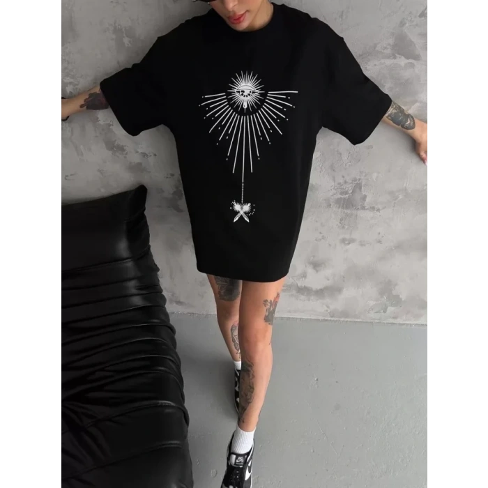 MARSiLYAN- Unisex Bisiklet Yaka Baskılı Oversize T-Shirt - Siyah