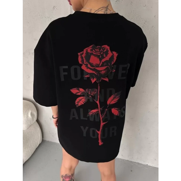 MARSiLYAN- Unisex Bisiklet Yaka Baskılı Oversize T-Shirt - Siyah