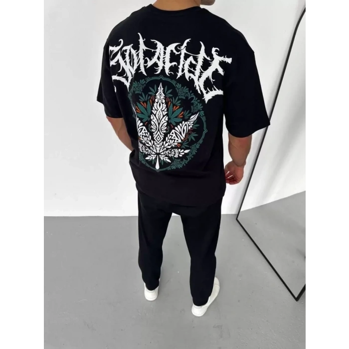MARSiLYAN- Unisex Bisiklet Yaka Baskılı Oversize T-Shirt - Siyah