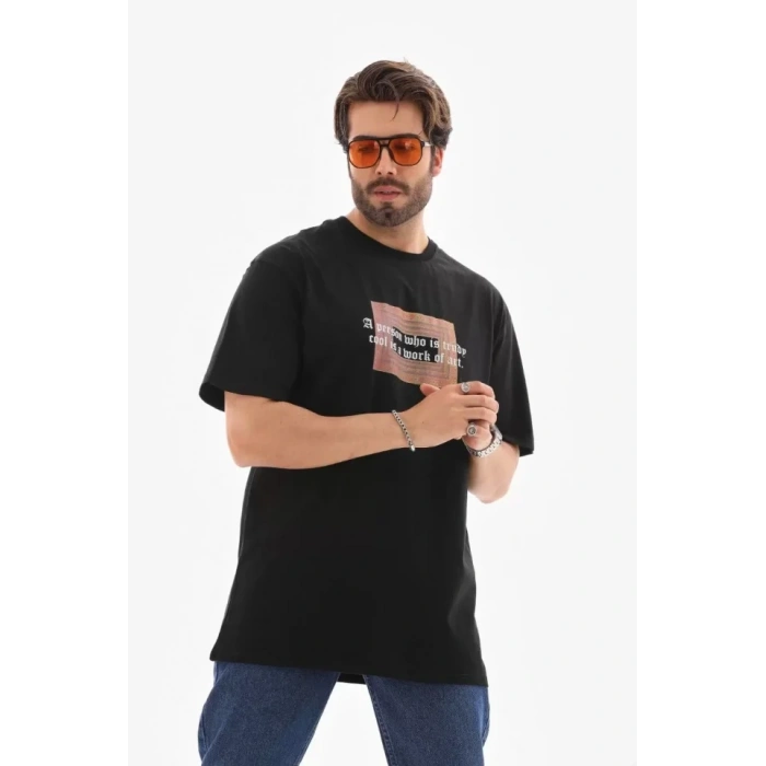 MARSiLYAN- Unisex Bisiklet Yaka Baskılı Oversize T-Shirt - Siyah