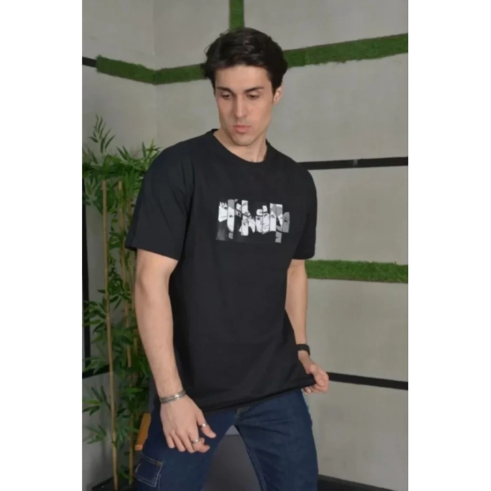 MARSiLYAN- Unisex Bisiklet Yaka Baskılı Oversize T-Shirt - Siyah