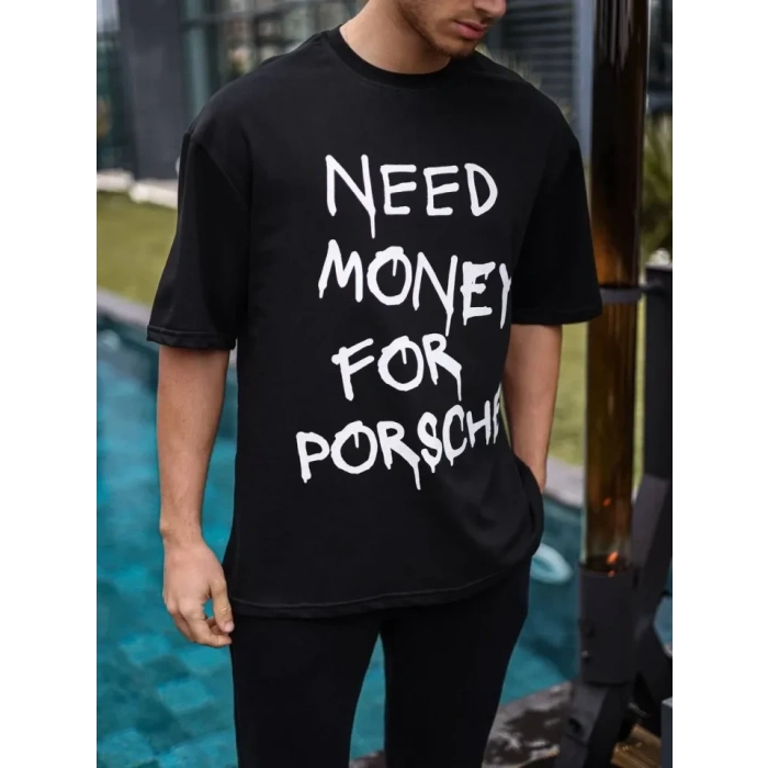 MARSiLYAN- Unisex Bisiklet Yaka Baskılı Oversize T-Shirt - Siyah