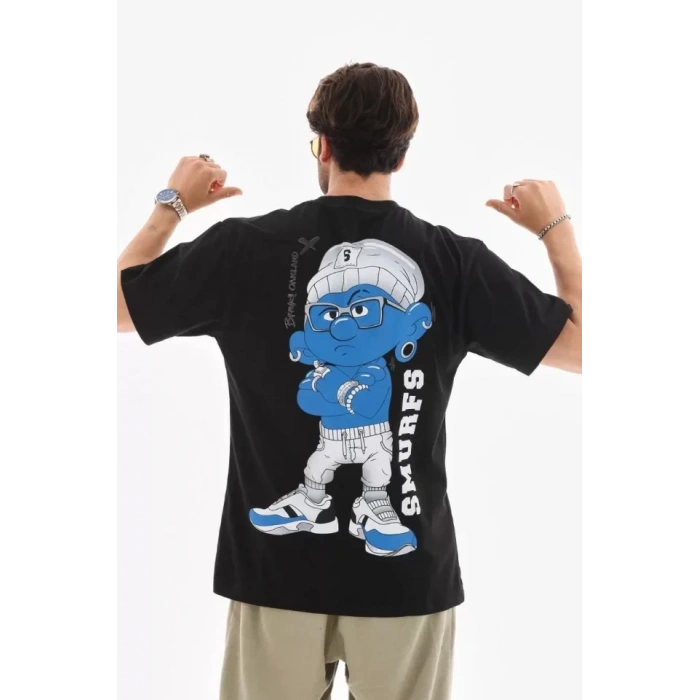 MARSiLYAN- Unisex Bisiklet Yaka Baskılı Oversize T-Shirt - Siyah