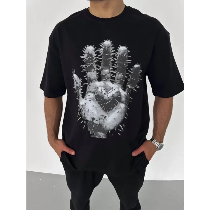 MARSiLYAN- Unisex Bisiklet Yaka Baskılı Oversize T-Shirt - Siyah