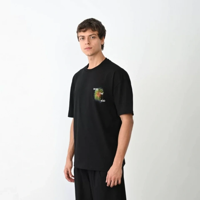 MARSiLYAN- Unisex Bisiklet Yaka Baskılı Oversize T-Shirt - Siyah