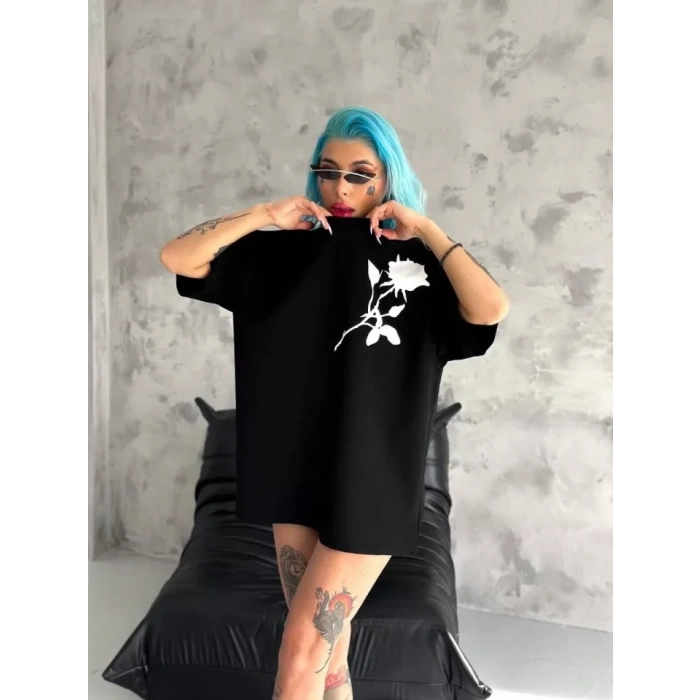 MARSiLYAN- Unisex Bisiklet Yaka Baskılı Oversize T-Shirt - Siyah