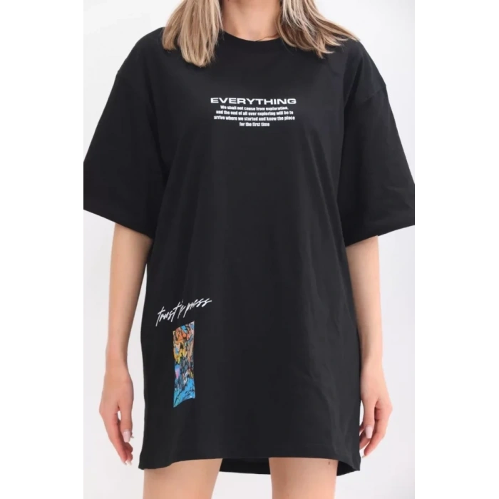 MARSiLYAN- Unisex Bisiklet Yaka Baskılı Oversize T-Shirt - Siyah