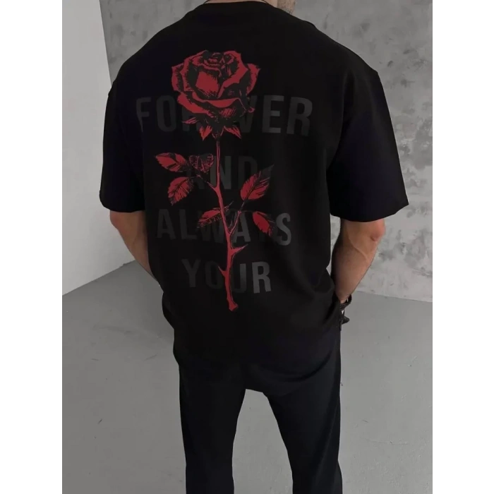 MARSiLYAN- Unisex Bisiklet Yaka Baskılı Oversize T-Shirt - Siyah