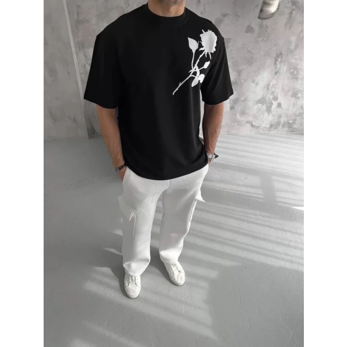 MARSiLYAN- Unisex Bisiklet Yaka Baskılı Oversize T-Shirt - Siyah