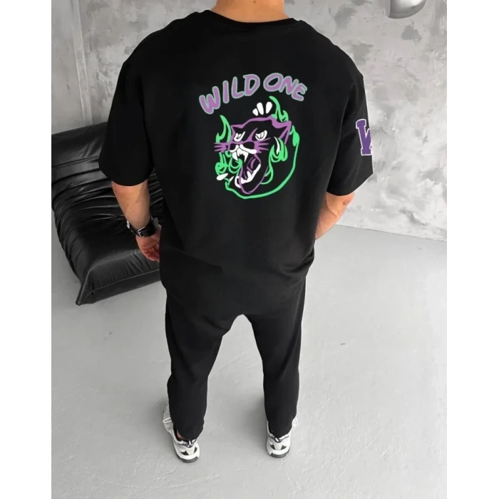 MARSiLYAN- Unisex Bisiklet Yaka Baskılı Oversize T-Shirt - Siyah