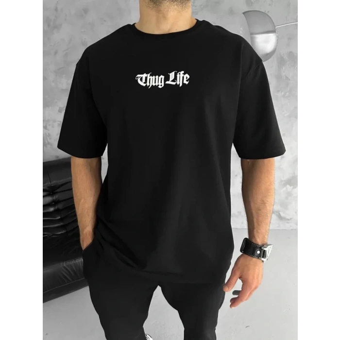 MARSiLYAN- Unisex Bisiklet Yaka Baskılı Oversize T-Shirt - Siyah