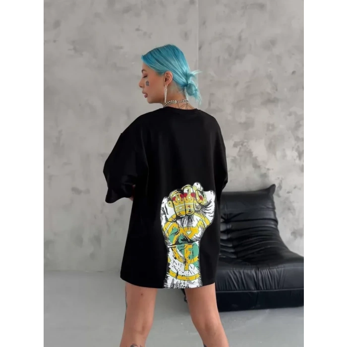 MARSiLYAN- Unisex Bisiklet Yaka Baskılı Oversize T-Shirt - Siyah