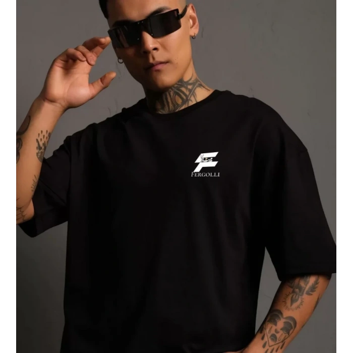 MARSiLYAN- Unisex Bisiklet Yaka Baskılı Oversize T-Shirt - Siyah