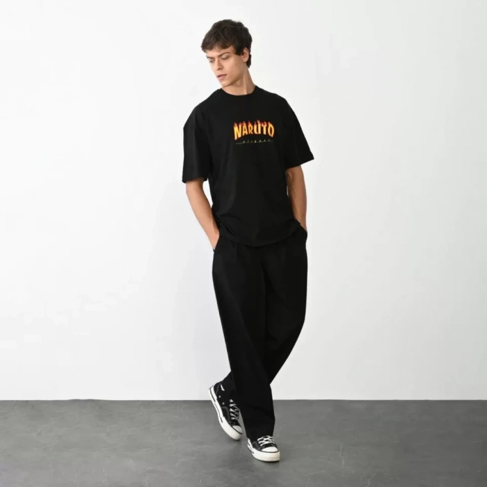 MARSiLYAN- Unisex Bisiklet Yaka Baskılı Oversize T-Shirt - Siyah