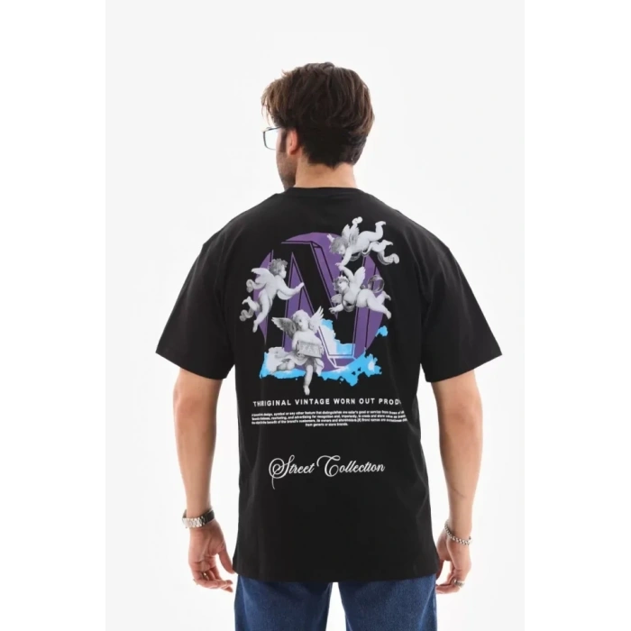 MARSiLYAN- Unisex Bisiklet Yaka Baskılı Oversize T-Shirt - Siyah