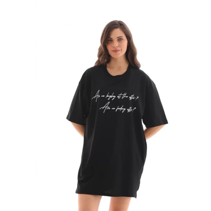 MARSiLYAN- Unisex Bisiklet Yaka Baskılı Oversize T-Shirt - Siyah