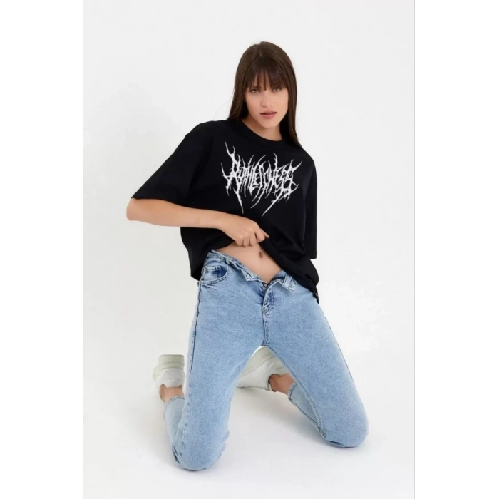 MARSiLYAN- Unisex Bisiklet Yaka Baskılı Oversize T-Shirt - Siyah