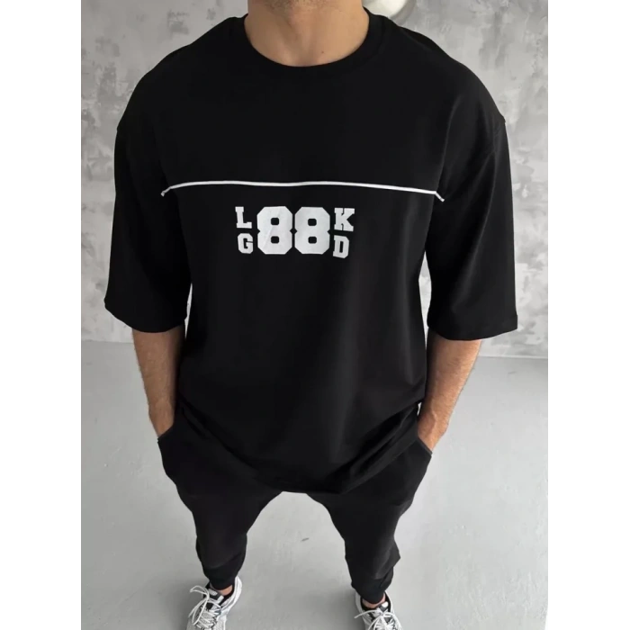 MARSiLYAN- Unisex Bisiklet Yaka Baskılı Oversize T-Shirt - Siyah
