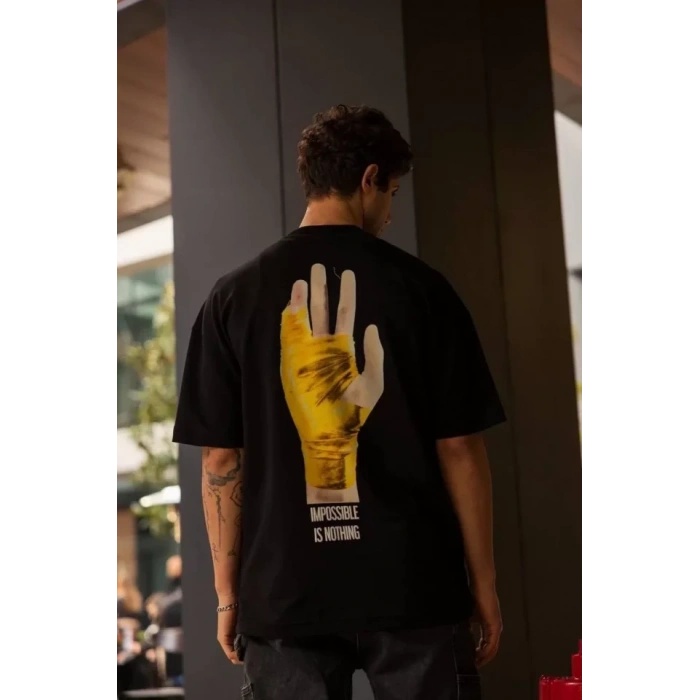 MARSiLYAN- Unisex Bisiklet Yaka Baskılı Oversize T-Shirt - Siyah