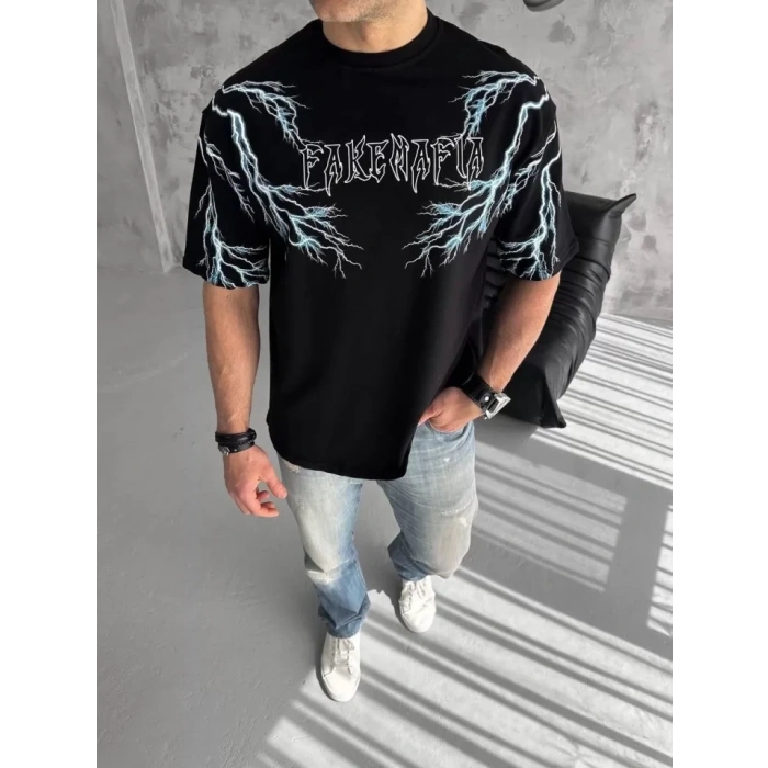 MARSiLYAN- Unisex Bisiklet Yaka Baskılı Oversize T-Shirt-Siyah