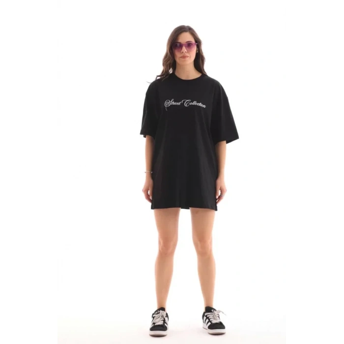 MARSiLYAN- Unisex Bisiklet Yaka Baskılı Oversize T-Shirt - Siyah