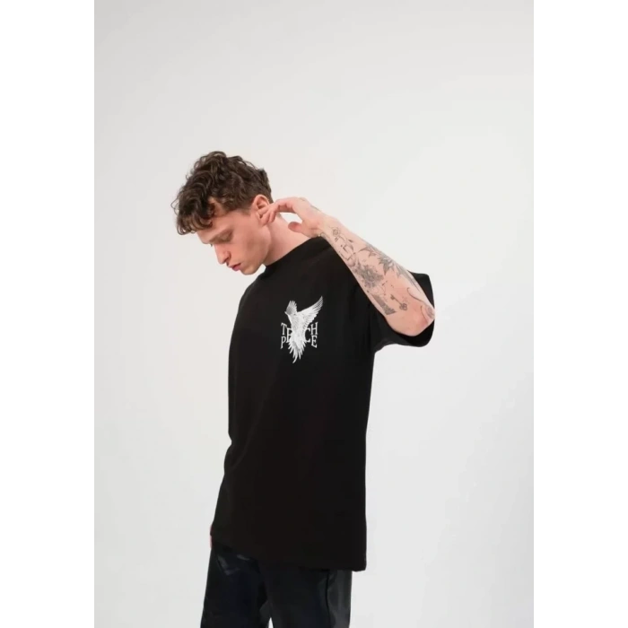 MARSiLYAN- Unisex Bisiklet Yaka Baskılı Oversize T-Shirt - Siyah