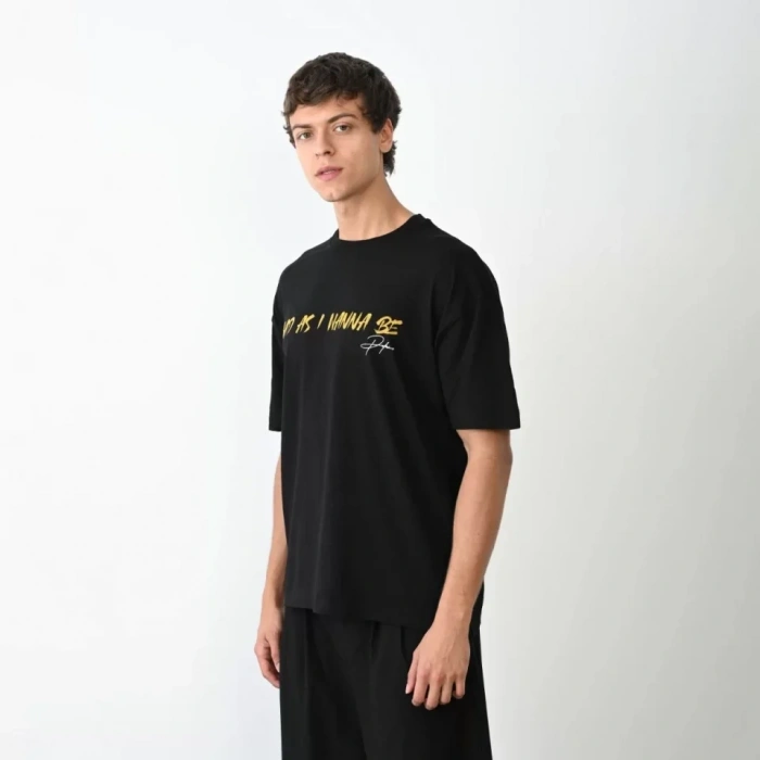 MARSiLYAN- Unisex Bisiklet Yaka Baskılı Oversize T-Shirt - Siyah