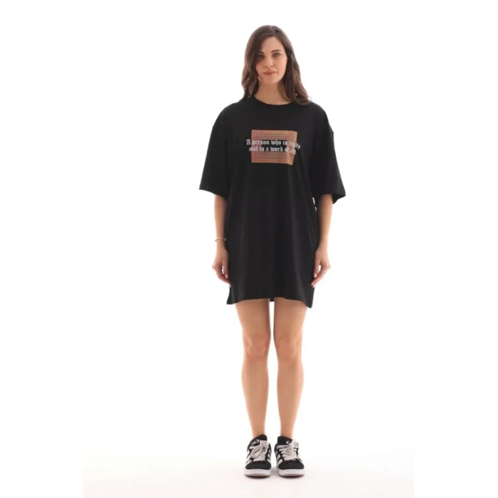 MARSiLYAN- Unisex Bisiklet Yaka Baskılı Oversize T-Shirt - Siyah