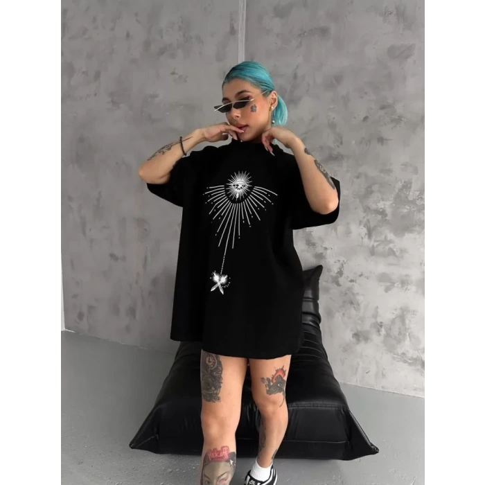MARSiLYAN- Unisex Bisiklet Yaka Baskılı Oversize T-Shirt - Siyah