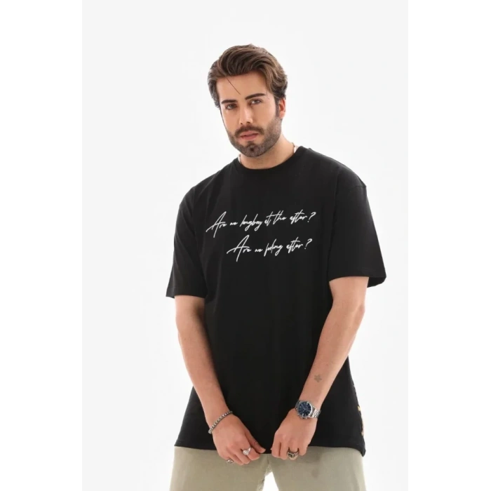 MARSiLYAN- Unisex Bisiklet Yaka Baskılı Oversize T-Shirt - Siyah