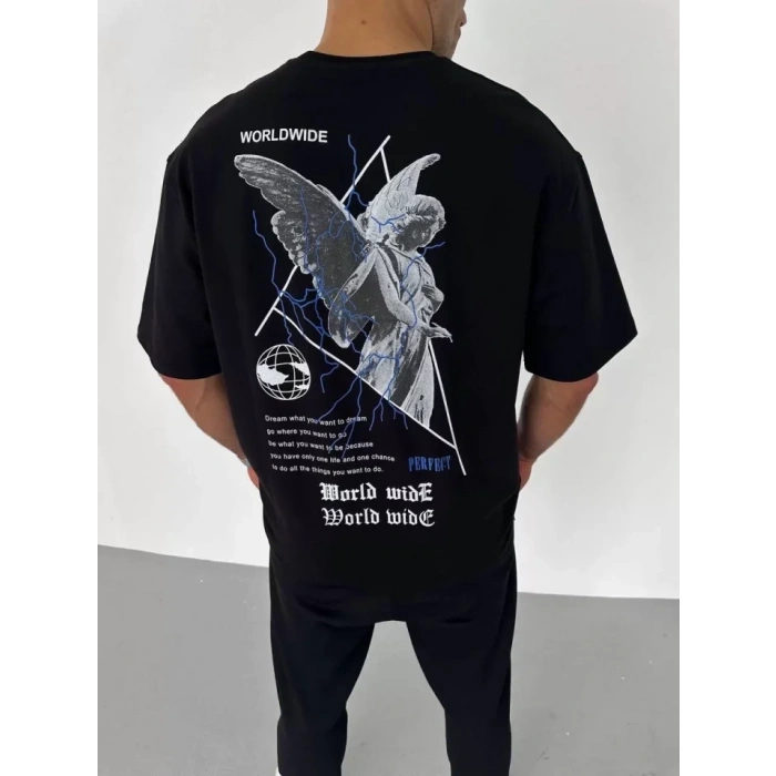 MARSiLYAN- Unisex Bisiklet Yaka Baskılı Oversize T-Shirt - Siyah