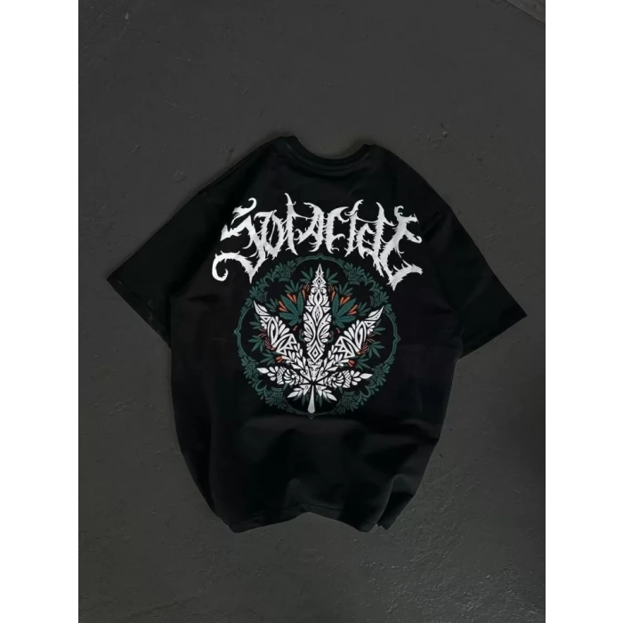MARSiLYAN- Unisex Bisiklet Yaka Baskılı Oversize T-Shirt - Siyah