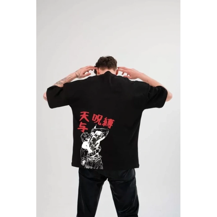 MARSiLYAN- Unisex Bisiklet Yaka Baskılı Oversize T-Shirt - Siyah