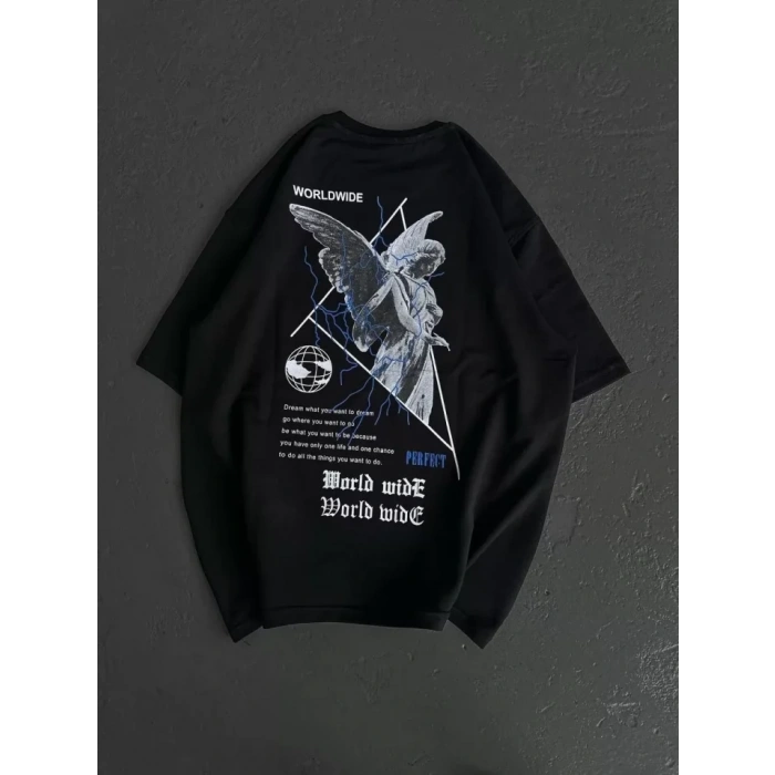 MARSiLYAN- Unisex Bisiklet Yaka Baskılı Oversize T-Shirt - Siyah