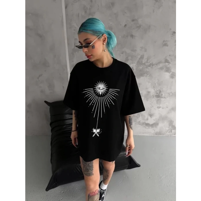 MARSiLYAN- Unisex Bisiklet Yaka Baskılı Oversize T-Shirt - Siyah