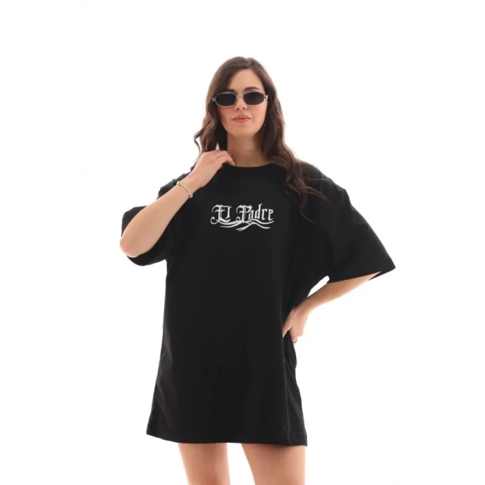 MARSiLYAN- Unisex Bisiklet Yaka Baskılı Oversize T-Shirt - Siyah