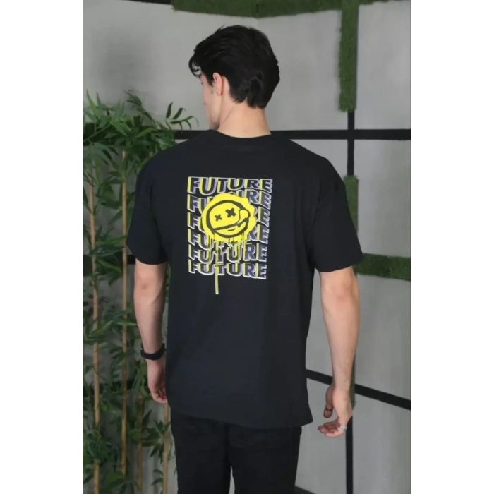 MARSiLYAN- Unisex Bisiklet Yaka Baskılı Oversize T-Shirt - Siyah