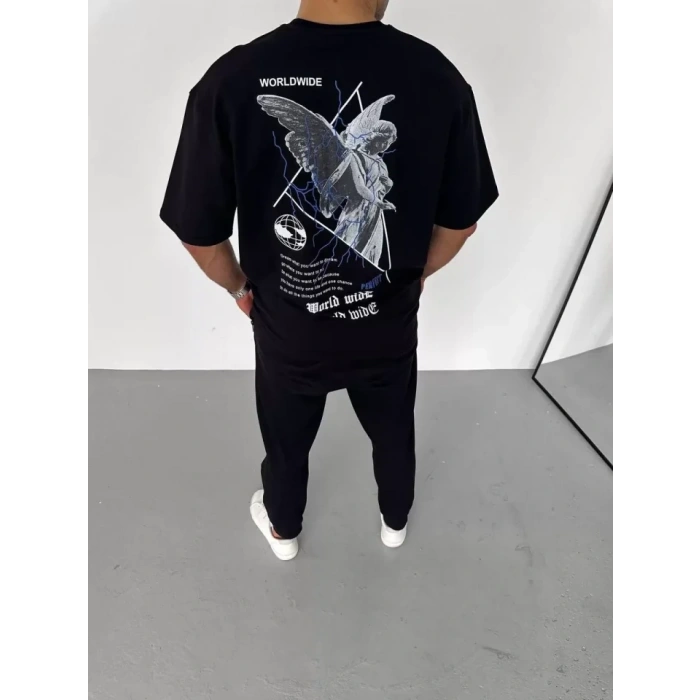 MARSiLYAN- Unisex Bisiklet Yaka Baskılı Oversize T-Shirt - Siyah