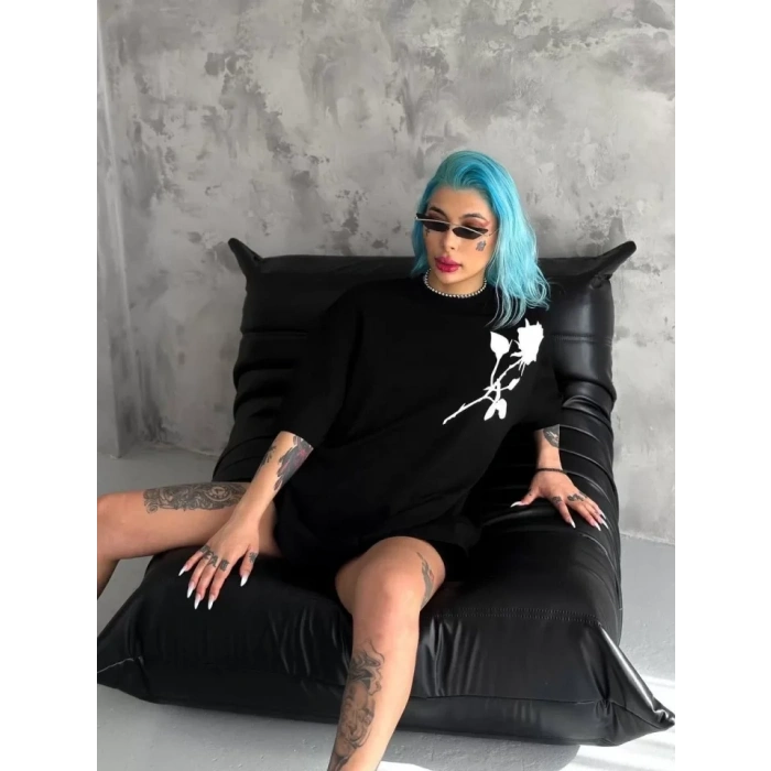 MARSiLYAN- Unisex Bisiklet Yaka Baskılı Oversize T-Shirt - Siyah