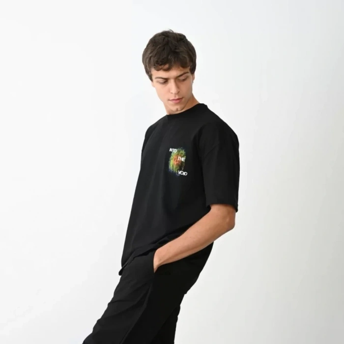 MARSiLYAN- Unisex Bisiklet Yaka Baskılı Oversize T-Shirt - Siyah