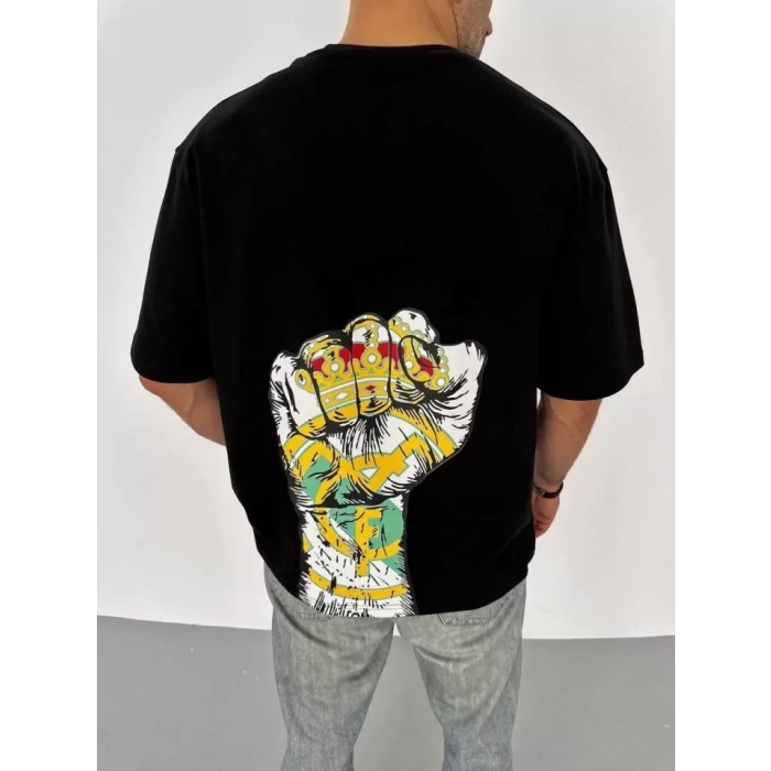 MARSiLYAN- Unisex Bisiklet Yaka Baskılı Oversize T-Shirt - Siyah