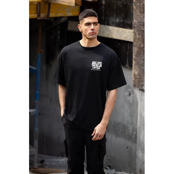 MARSiLYAN- Unisex Bisiklet Yaka Baskılı Oversize T-Shirt - Siyah