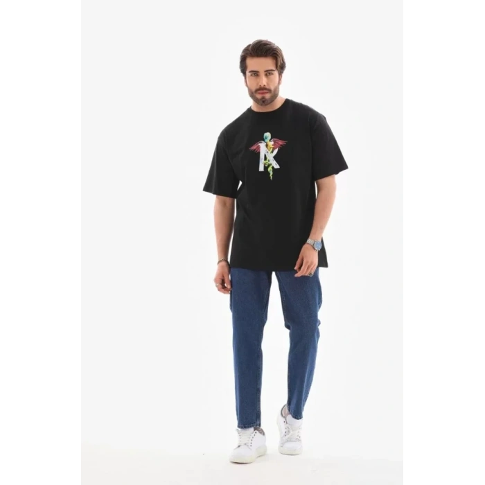 MARSiLYAN- Unisex Bisiklet Yaka Baskılı Oversize T-Shirt - Siyah
