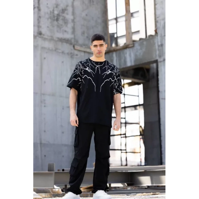 MARSiLYAN- Unisex Bisiklet Yaka Baskılı Oversize T-Shirt - Siyah